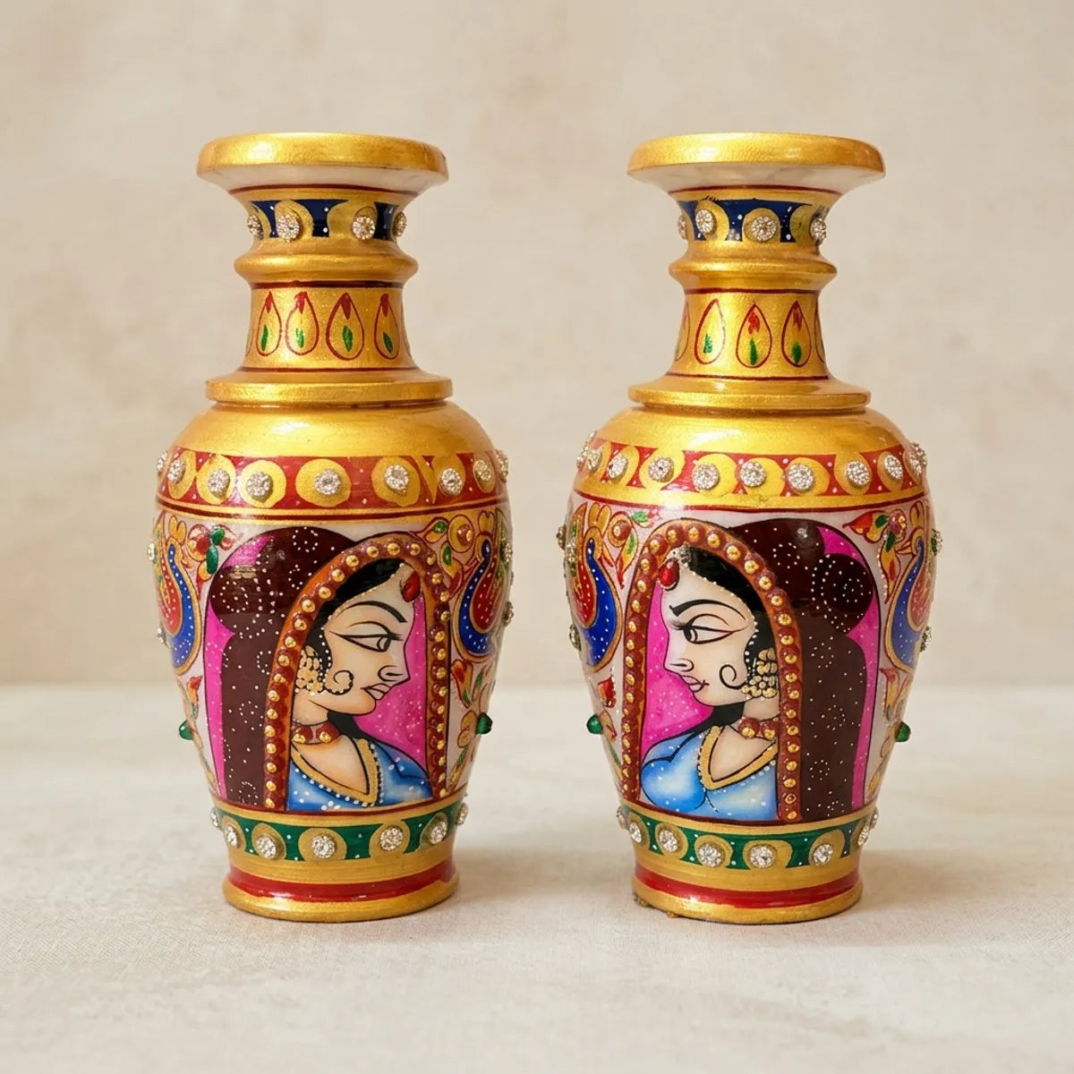 Handcrafted White Marble Vase Pair With Bani Thani Art | Traditional Rajasthani Hand-Painted Decorative Vase | Premium Indian Marble Home Decor