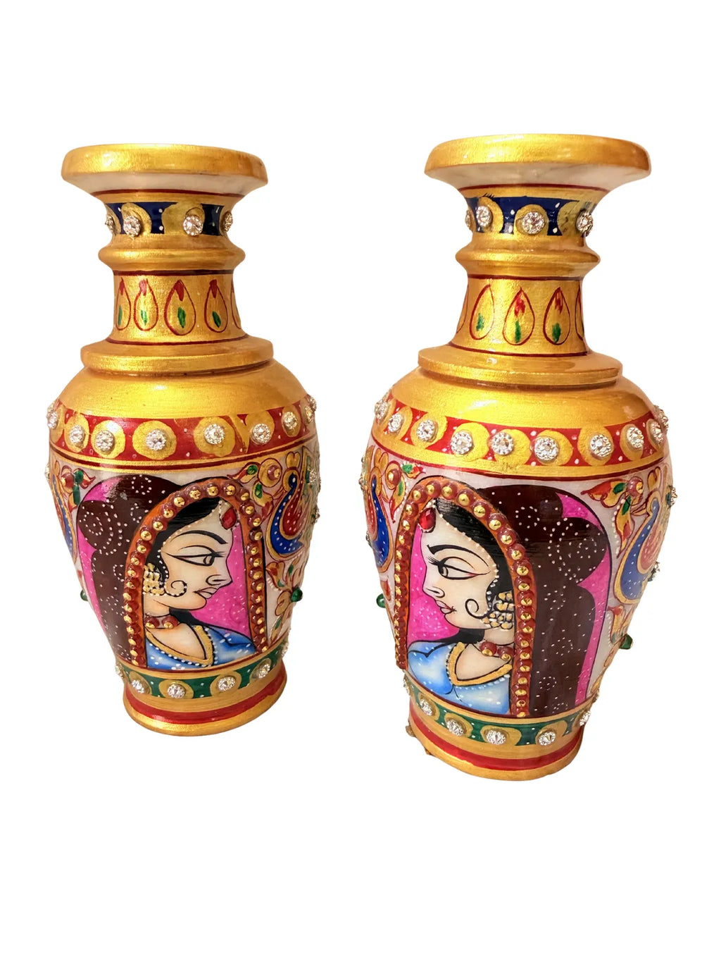 Handcrafted White Marble Vase Pair With Bani Thani Art | Traditional Rajasthani Hand-Painted Decorative Vase | Premium Indian Marble Home Decor