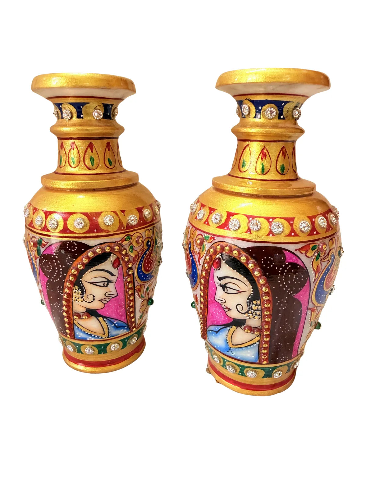 Handcrafted White Marble Vase Pair With Bani Thani Art | Traditional Rajasthani Hand-Painted Decorative Vase | Premium Indian Marble Home Decor