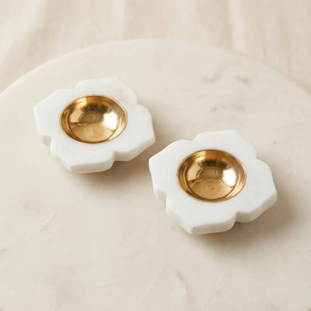 Premium Round Marble Diya Set With Brass Katori | Banswara White Marble Tea Light Holder | Elegant Festive And Home Decoration | Pack Of 2