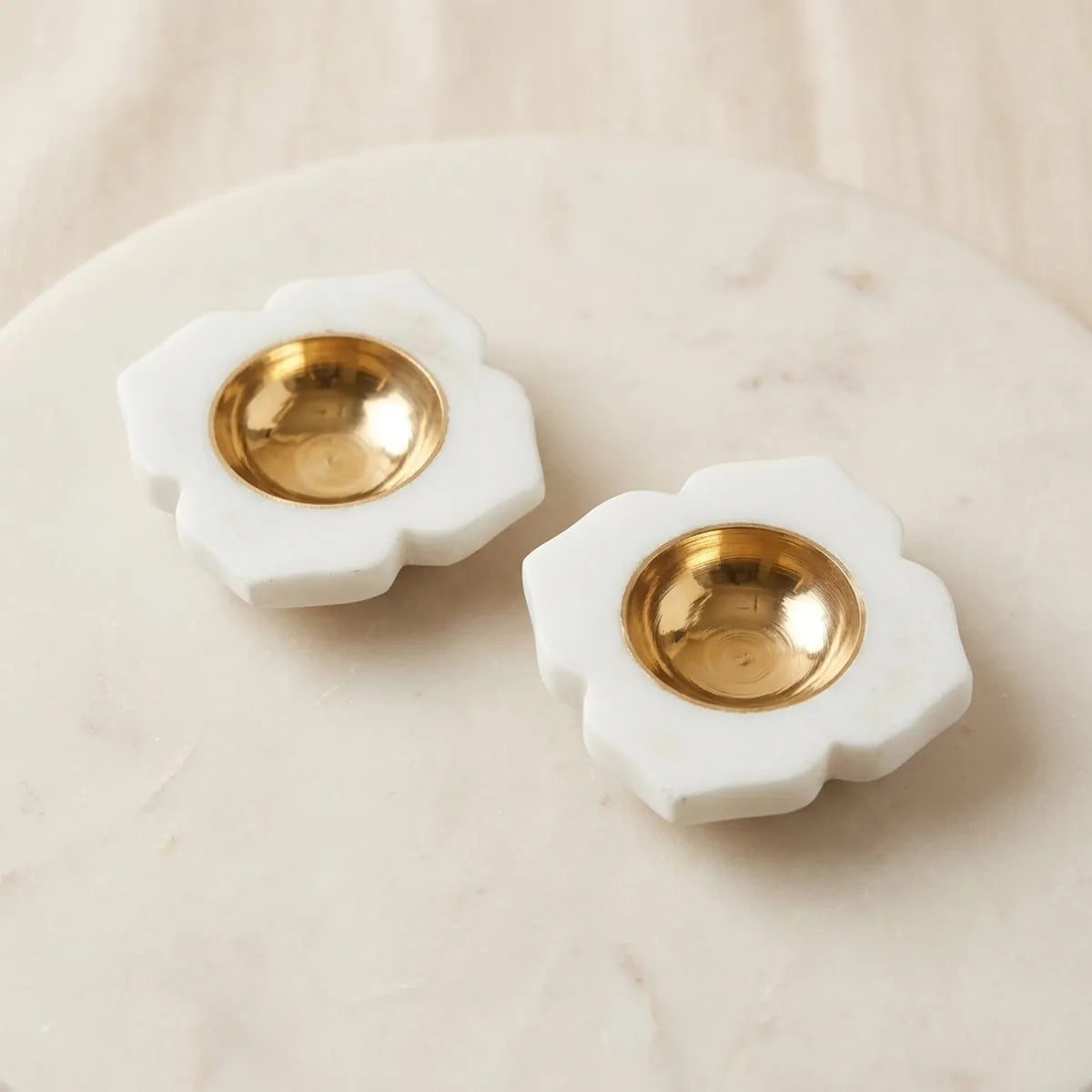 Premium Round Marble Diya Set With Brass Katori | Banswara White Marble Tea Light Holder | Elegant Festive And Home Decoration | Pack Of 2