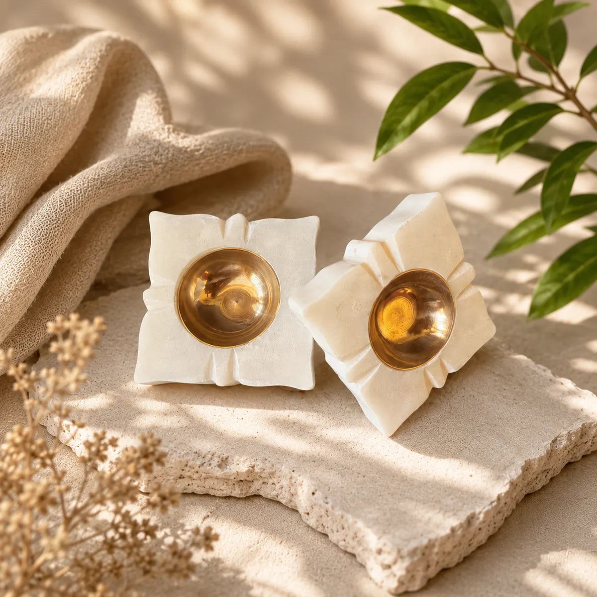 Tvishara Handcrafted Square Banswara White Marble Tea Light Candle Holder And Diya With Brass Katori | Modern Luxury Home Decor | Pack Of 2