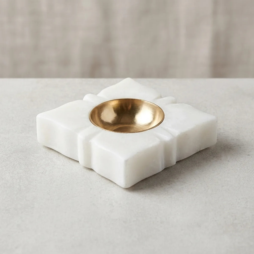 Tvishara Handcrafted Square Banswara White Marble Tea Light Candle Holder And Diya With Brass Katori | Modern Luxury Home Decor | Pack Of 2