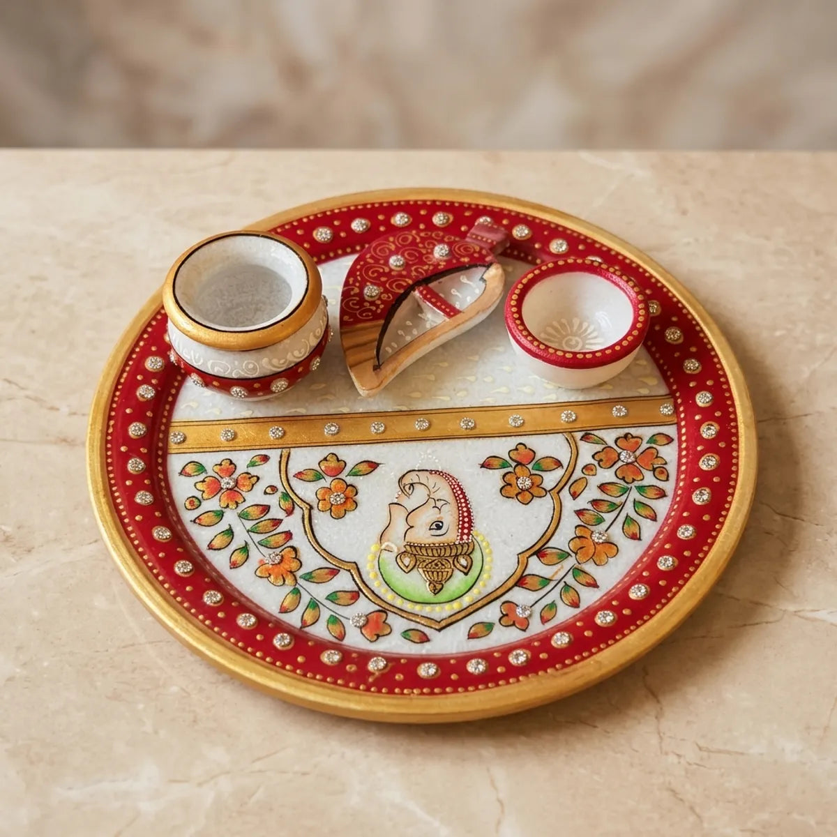 Luxury White Marble Pooja Thali Set With Traditional Rajasthani Painting | Spiritual Prayer Plate For Pooja, Aarti, Festivals And Home Temple Decor