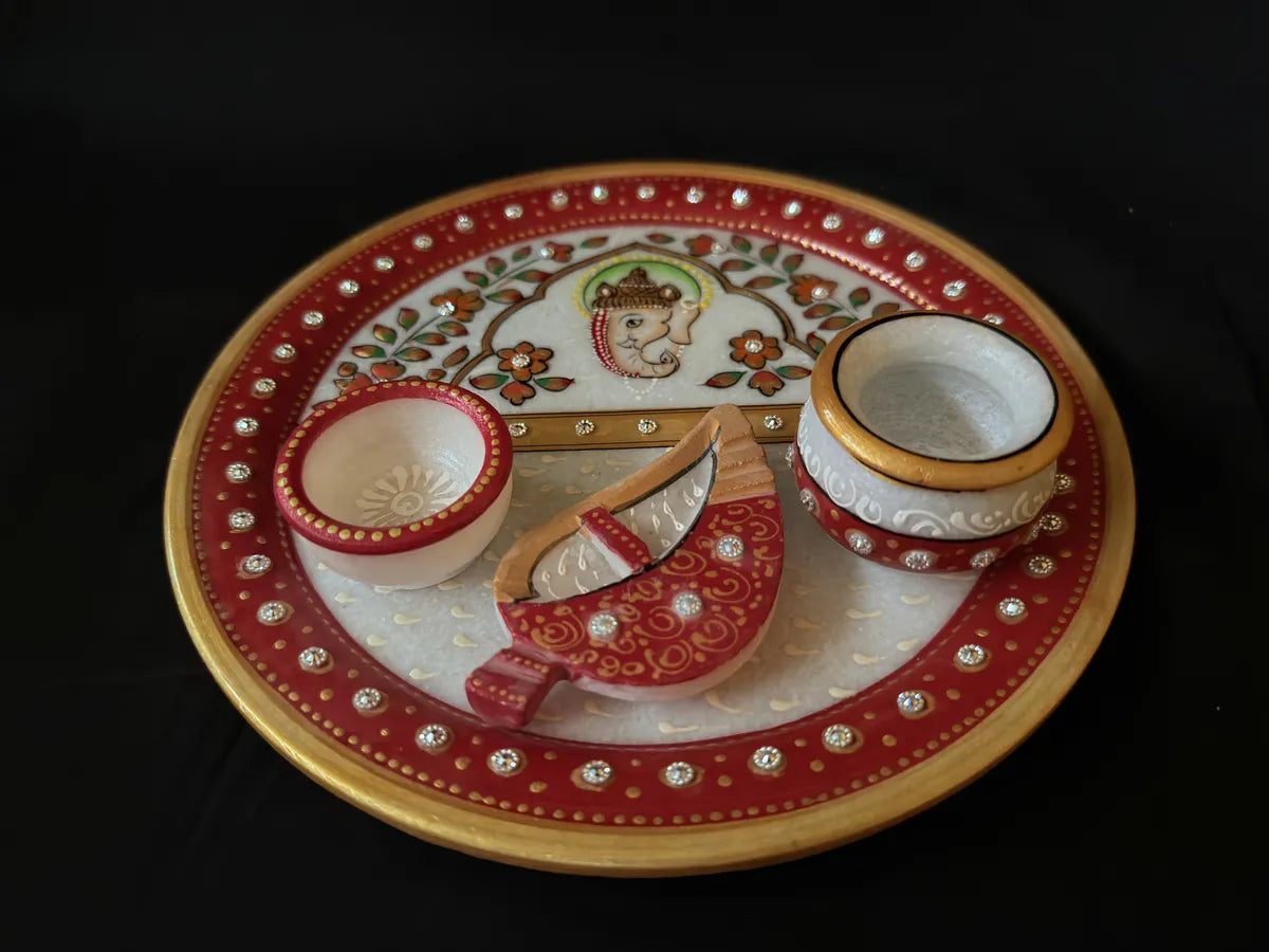 Luxury White Marble Pooja Thali Set With Traditional Rajasthani Painting | Spiritual Prayer Plate For Pooja, Aarti, Festivals And Home Temple Decor