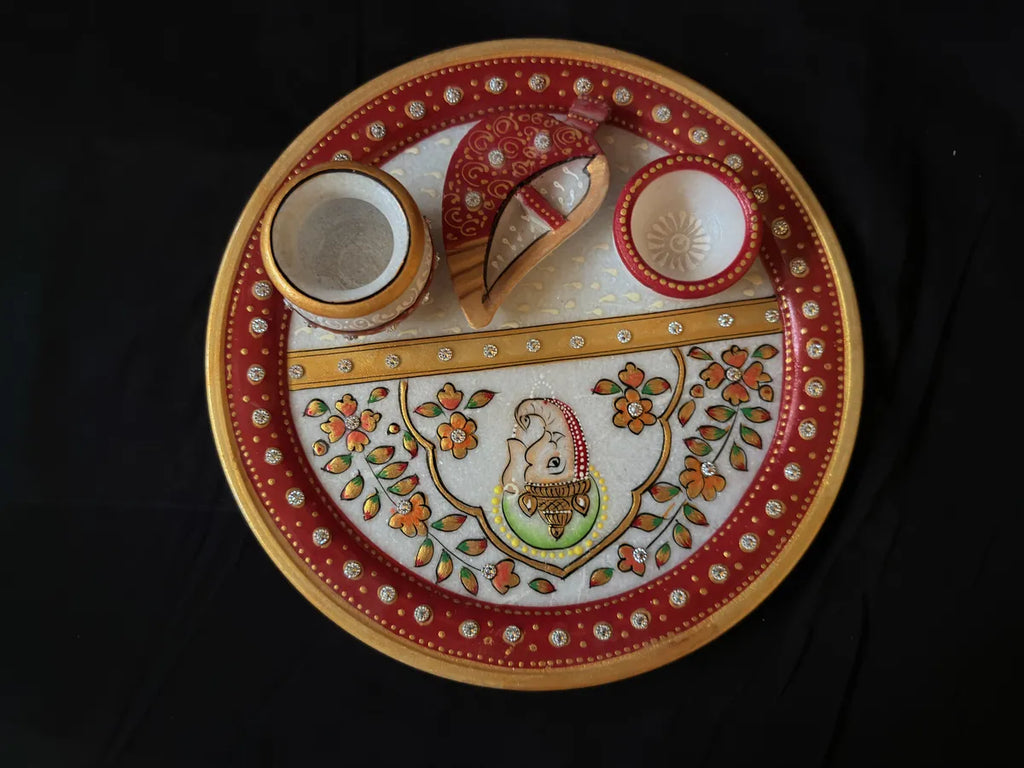 Luxury White Marble Pooja Thali Set With Traditional Rajasthani Painting | Spiritual Prayer Plate For Pooja, Aarti, Festivals And Home Temple Decor
