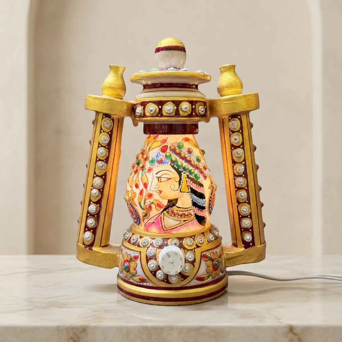 Indian White Marble Bani Thani Lamp With Traditional Rajasthani Painting | Handcrafted Decorative Led Night Light For Living Room, Bedroom And Home Decor