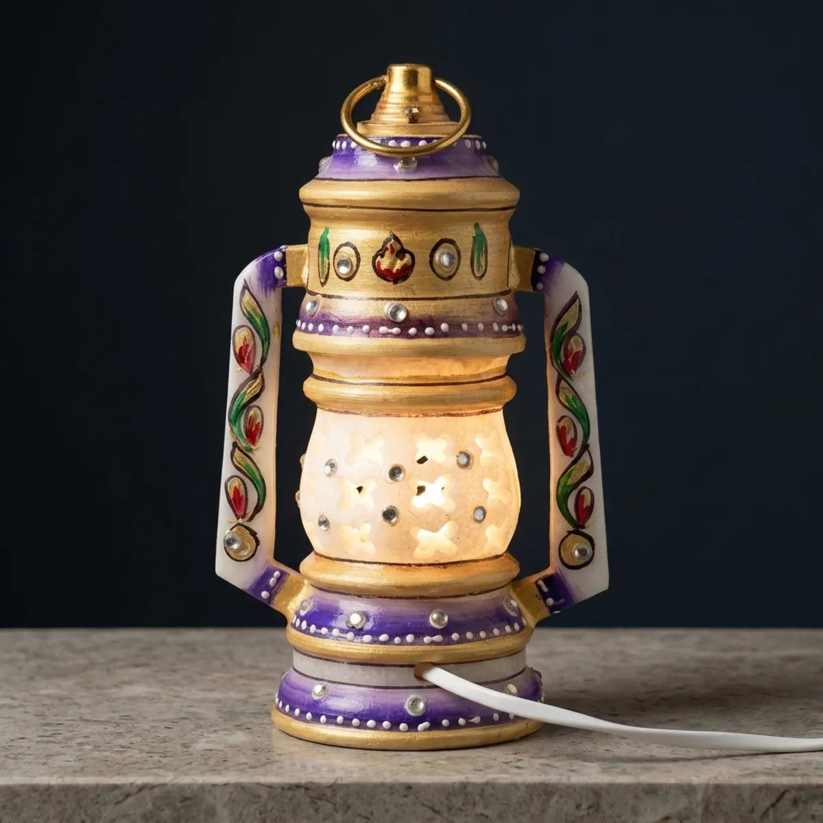 Luxury Makrana White Marble Vintage Lantern Lamp | Intricate Jali Carving With Hanging Option | Handmade Indian Marble Decorative Led Light