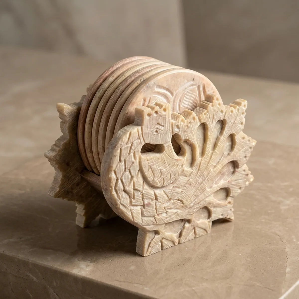 Handcrafted Soapstone Peacock Coaster Set - Beautifully Carved Natural Stone Coasters With Decorative Holder