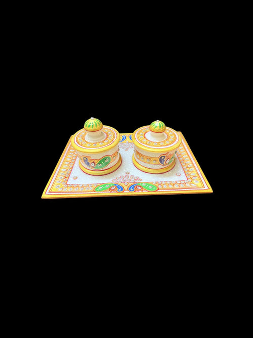 Handcrafted Banswara Marble Decorative Tray Set With Twin Storage Bowls - Luxury Home Decor, Serving And Organization Solution