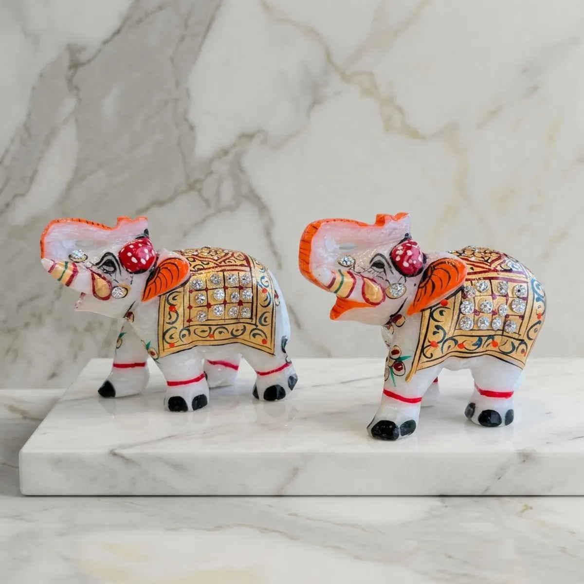 Handcrafted Indian White Marble Elephant Pair - Trunk Up Vastu Showpiece For Good Luck, Prosperity And Elegant Home Decor
