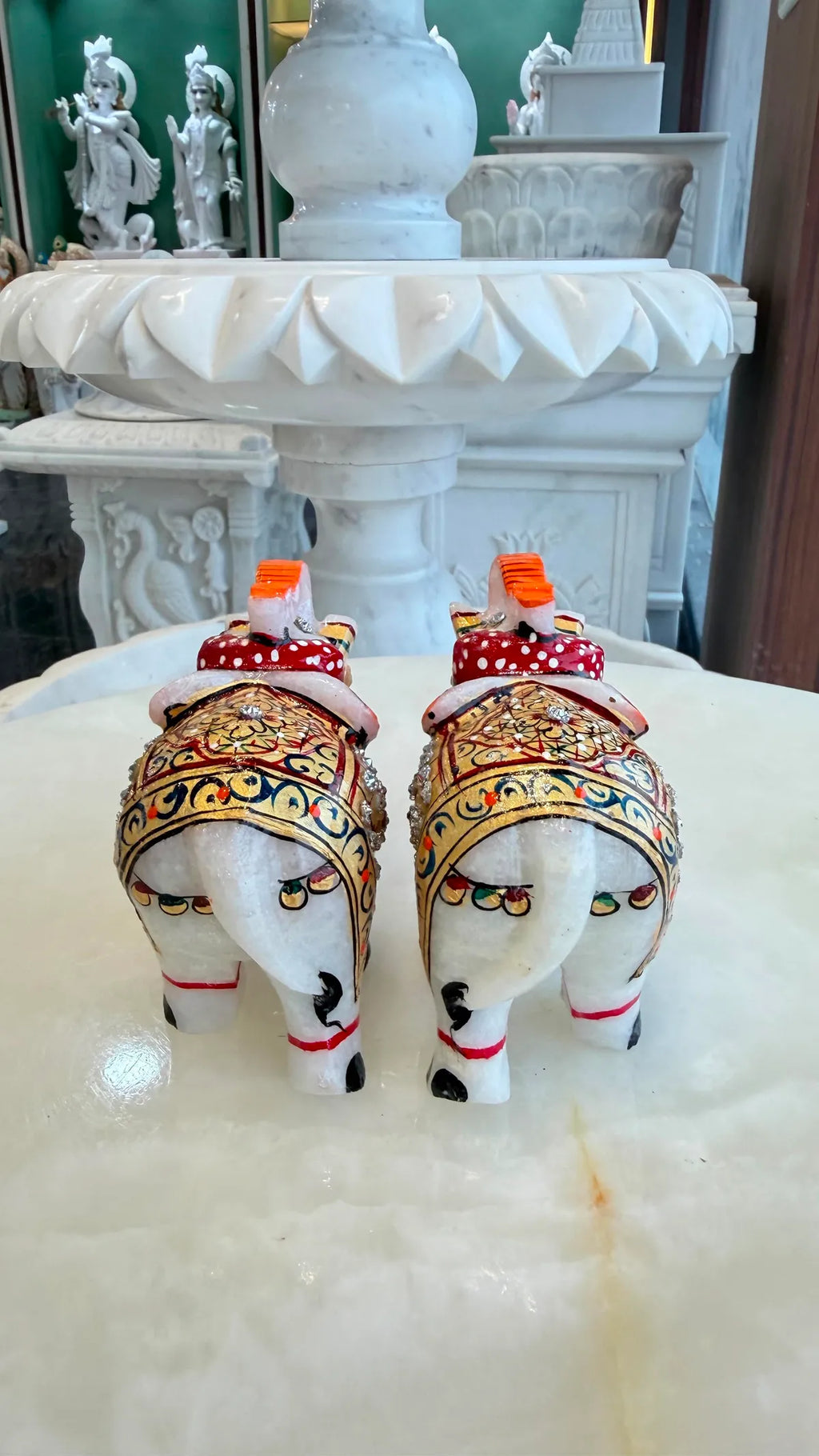 Handcrafted Indian White Marble Elephant Pair - Trunk Up Vastu Showpiece For Good Luck, Prosperity And Elegant Home Decor