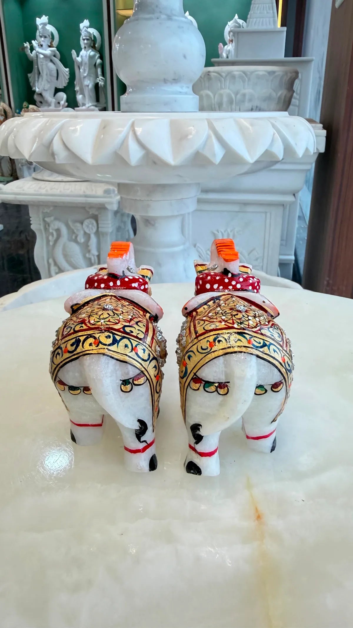 Handcrafted Indian White Marble Elephant Pair - Trunk Up Vastu Showpiece For Good Luck, Prosperity And Elegant Home Decor
