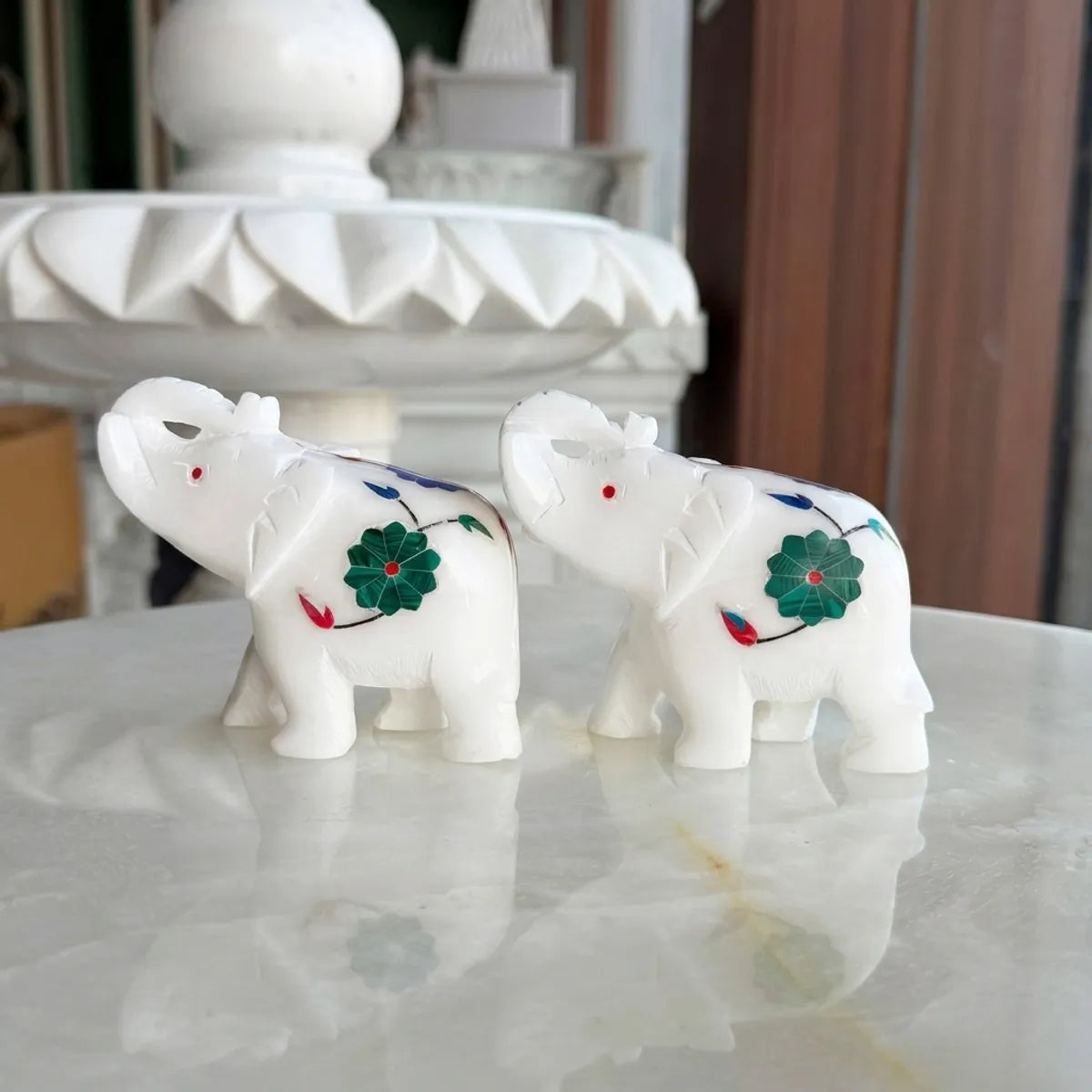 Italian White Marble Elephant Pair Trunk Up | Alabaster Stone Inlay Work Elephant Figurines | Vastu Elephant Showpiece For Home, Office, Temple And Gift