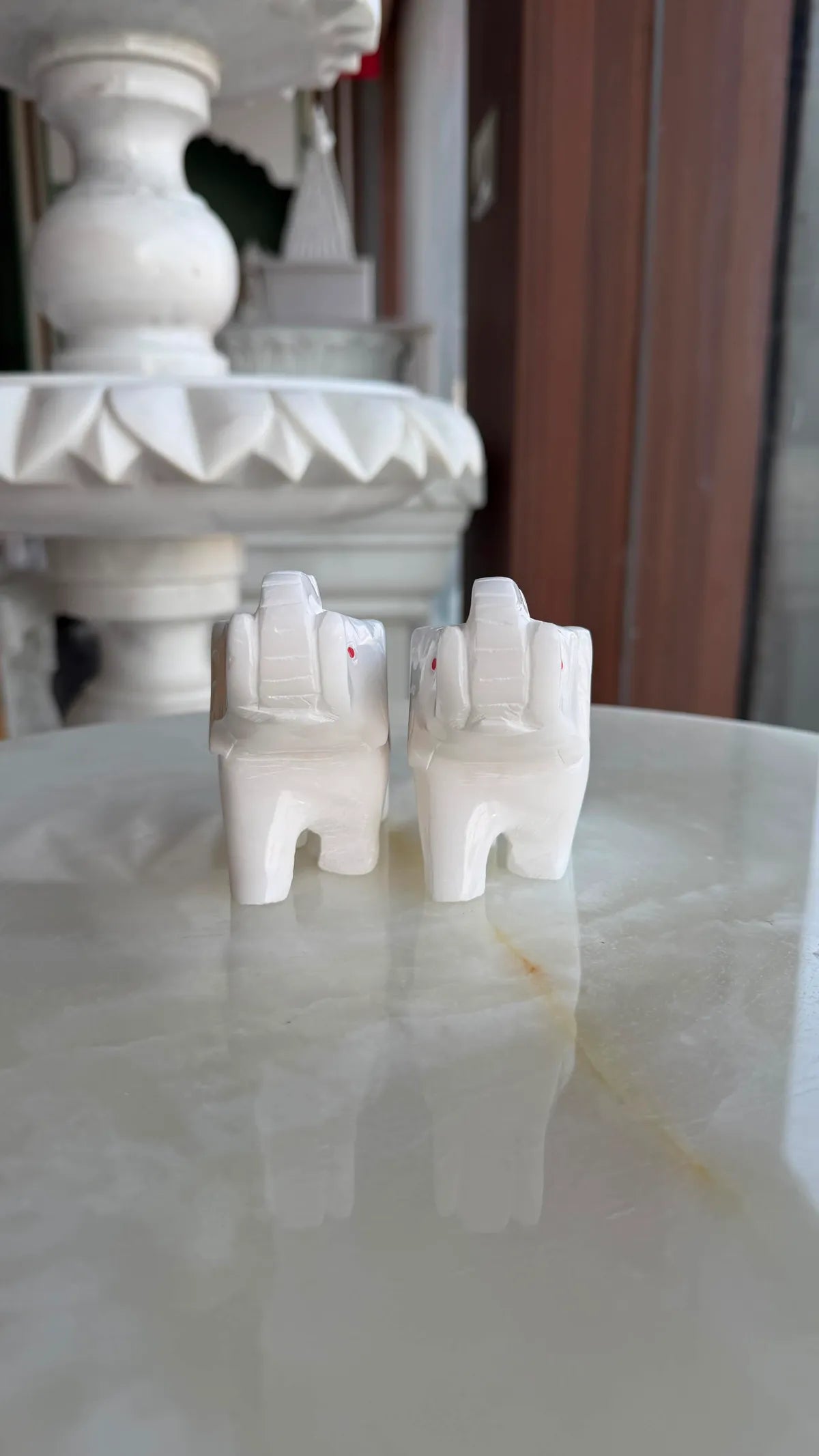 Italian White Marble Elephant Pair Trunk Up | Alabaster Stone Inlay Work Elephant Figurines | Vastu Elephant Showpiece For Home, Office, Temple And Gift