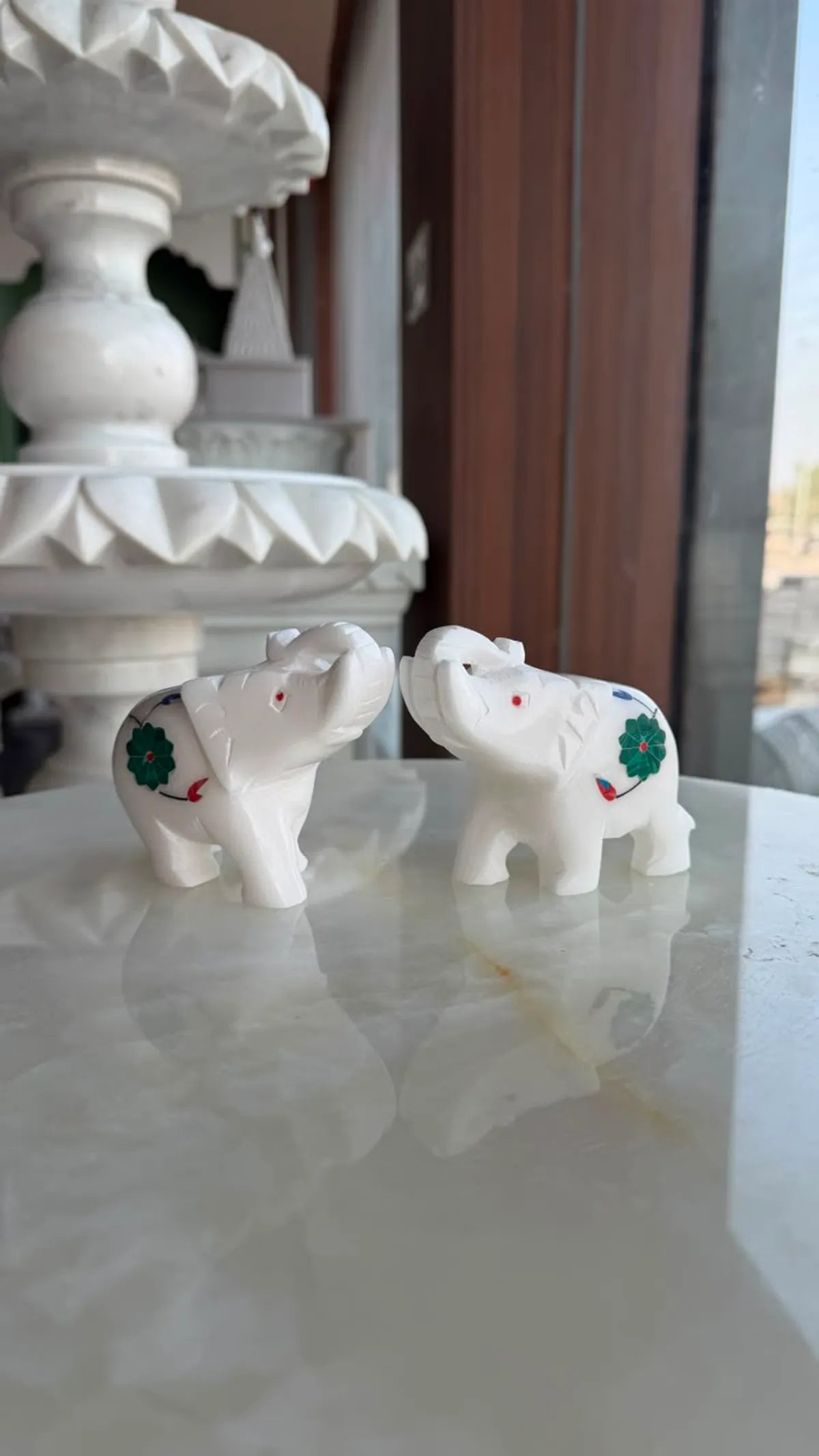 Italian White Marble Elephant Pair Trunk Up | Alabaster Stone Inlay Work Elephant Figurines | Vastu Elephant Showpiece For Home, Office, Temple And Gift