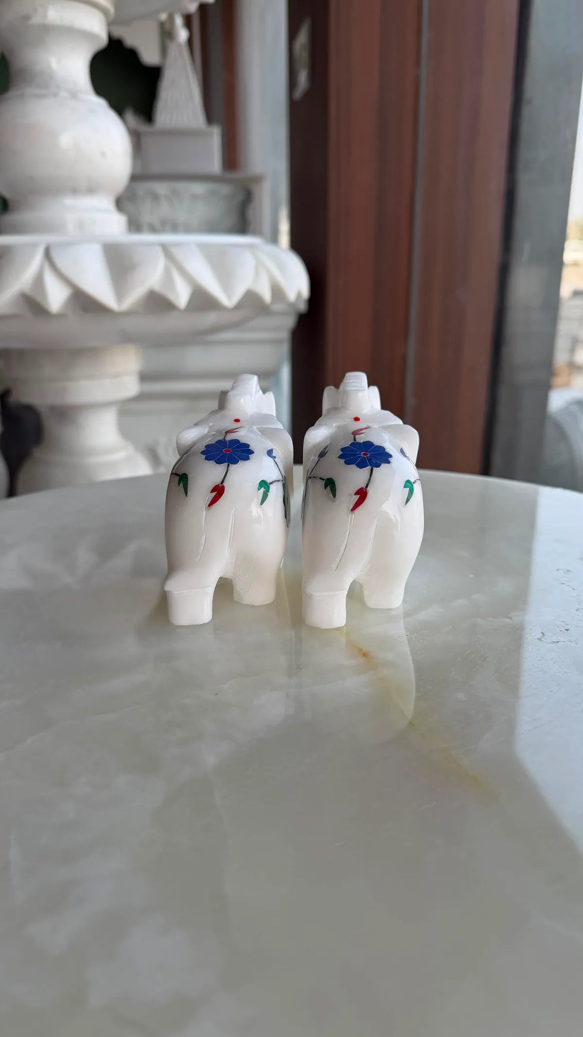 Italian White Marble Elephant Pair Trunk Up | Alabaster Stone Inlay Work Elephant Figurines | Vastu Elephant Showpiece For Home, Office, Temple And Gift