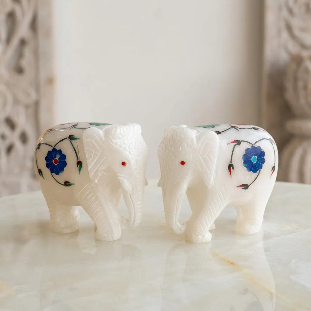 Handcrafted Italian White Marble Elephant Pair Trunk Down - Exquisite Inlay Art Elephant Figurines In Premium Alabaster Stone