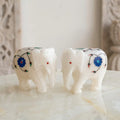 Handcrafted Italian White Marble Elephant Pair Trunk Down - Exquisite Inlay Art Elephant Figurines In Premium Alabaster Stone
