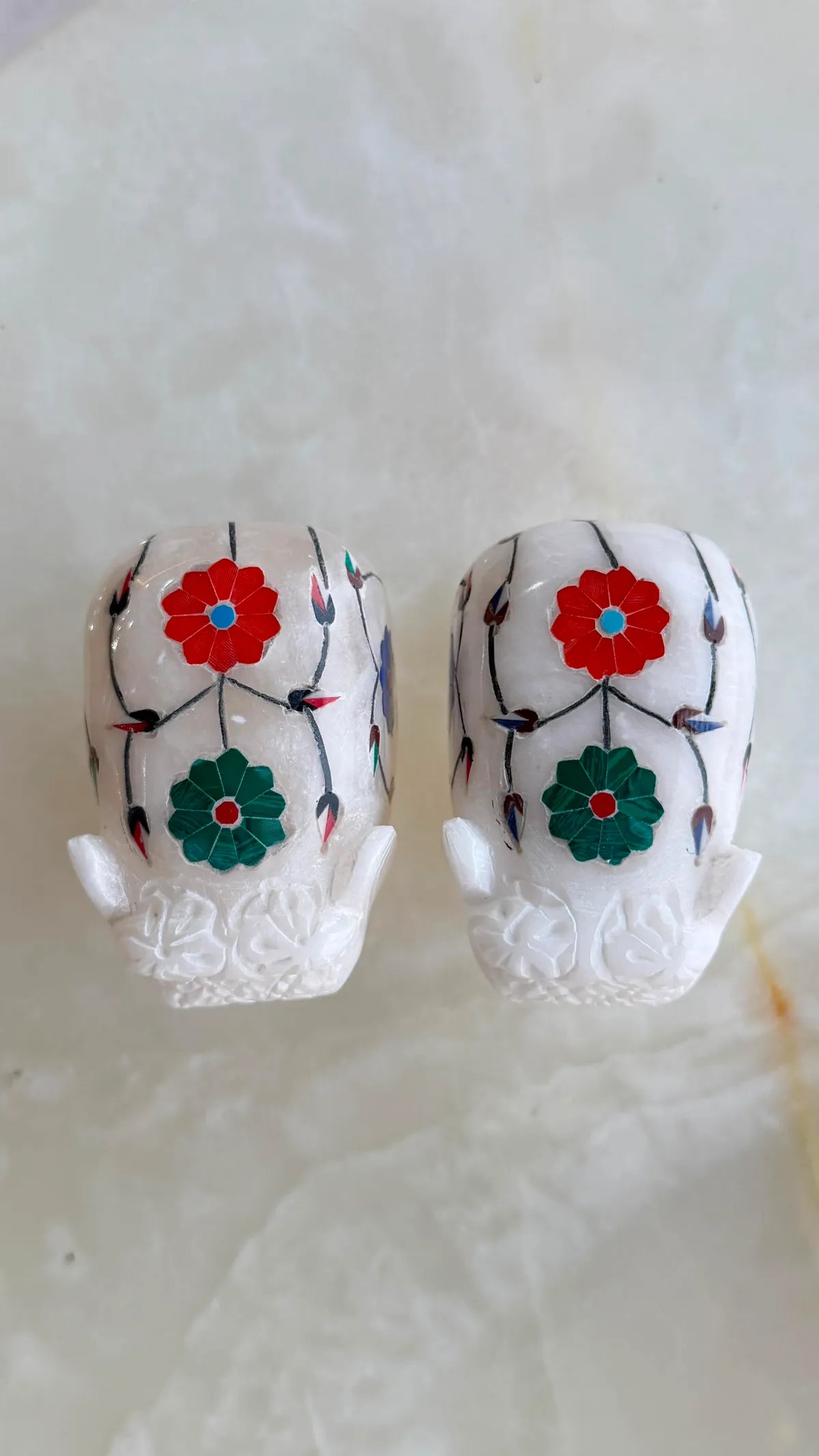 Handcrafted Italian White Marble Elephant Pair Trunk Down - Exquisite Inlay Art Elephant Figurines In Premium Alabaster Stone
