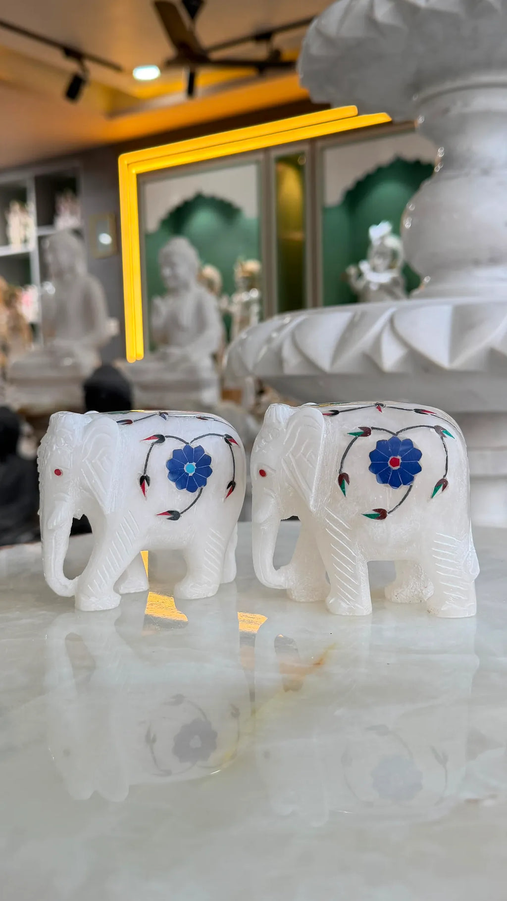 Handcrafted Italian White Marble Elephant Pair Trunk Down - Exquisite Inlay Art Elephant Figurines In Premium Alabaster Stone