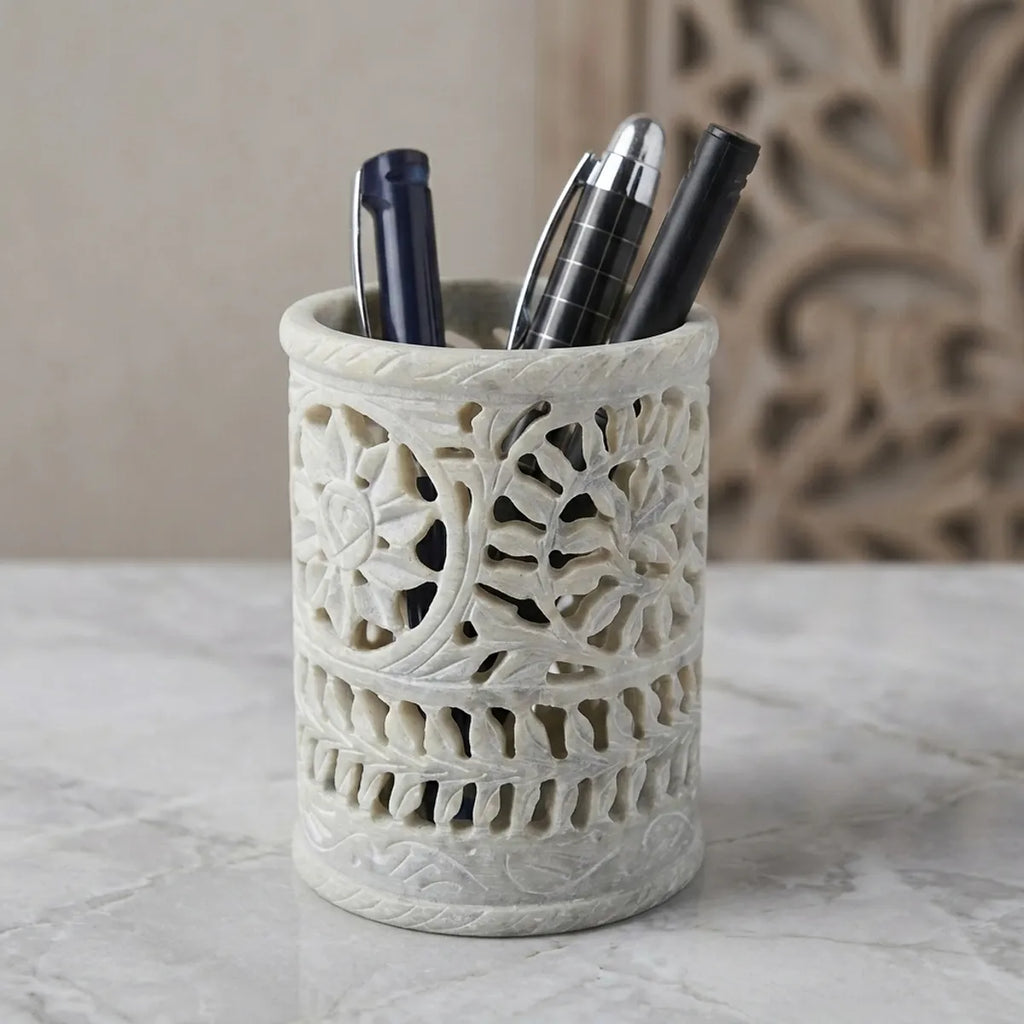 Round Soapstone Pen Stand With Intricate Jali Carving | Handmade Desk Organizer | Pen Holder, Pencil Stand, Office Table Accessory And Home Decor