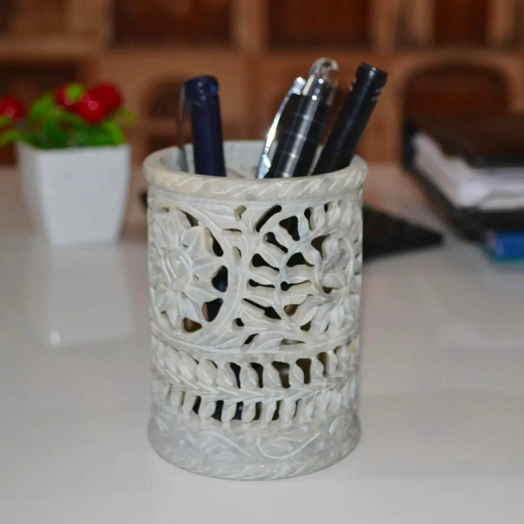 Round Soapstone Pen Stand With Intricate Jali Carving | Handmade Desk Organizer | Pen Holder, Pencil Stand, Office Table Accessory And Home Decor