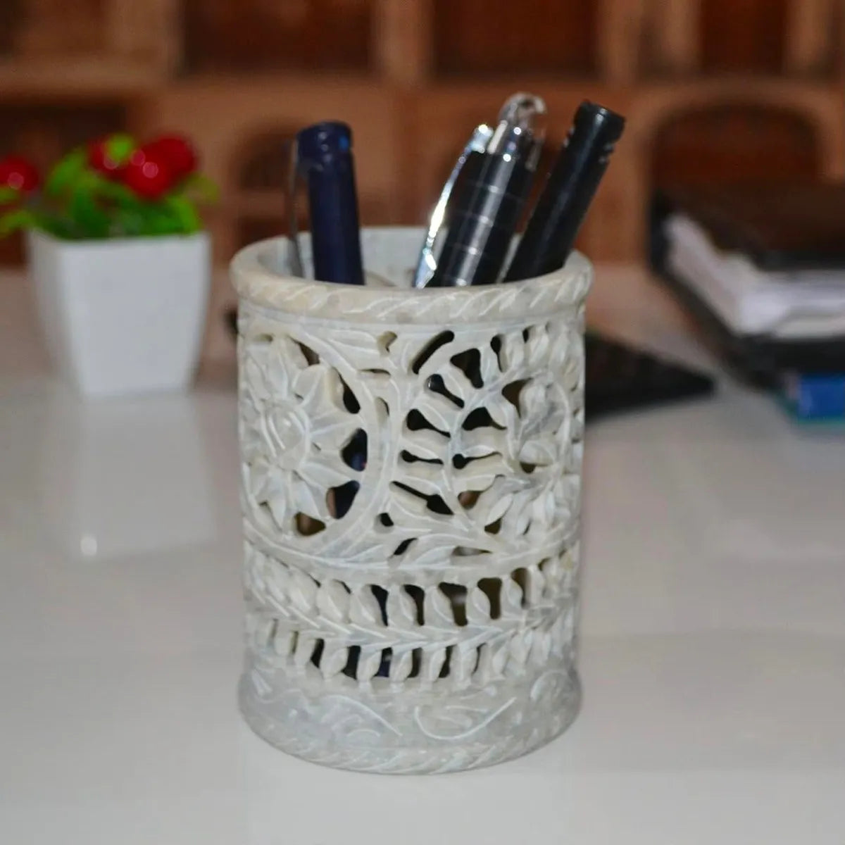 Round Soapstone Pen Stand With Intricate Jali Carving | Handmade Desk Organizer | Pen Holder, Pencil Stand, Office Table Accessory And Home Decor