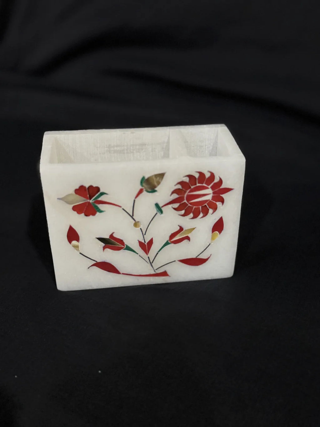 Italian White Marble Pen Stand | Alabaster Stone Desk Organizer With Floral Inlay Art | Pen Holder, Business Card Holder, Office Table Decor And Home Accessory