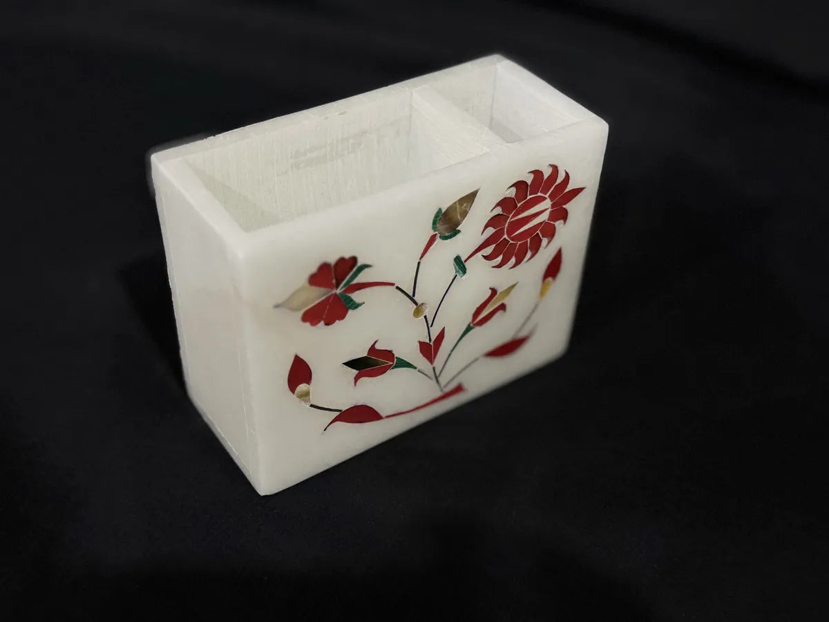 Italian White Marble Pen Stand | Alabaster Stone Desk Organizer With Floral Inlay Art | Pen Holder, Business Card Holder, Office Table Decor And Home Accessory