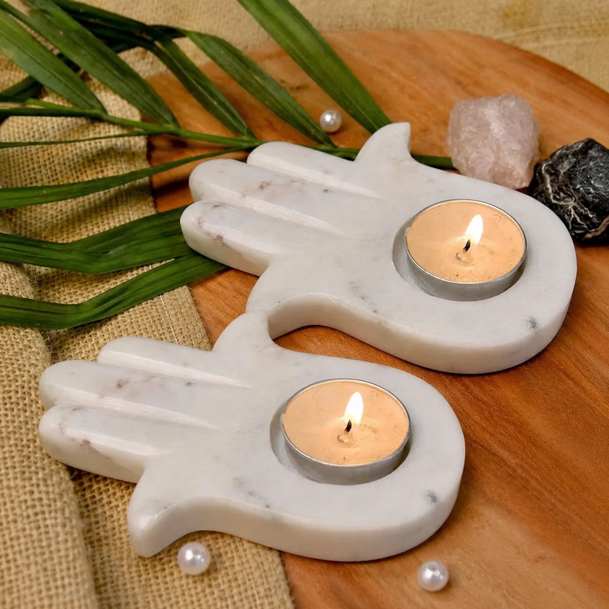 Banswara Marble Hand Shape Candle Holder (Set of 2) | Hamsa Hand Tealight Holder | Decorative Marble Candle Stand For Home Decor, Living Room, Meditation And Gifting
