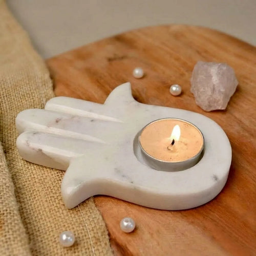 Banswara Marble Hand Shape Candle Holder (Set of 2) | Hamsa Hand Tealight Holder | Decorative Marble Candle Stand For Home Decor, Living Room, Meditation And Gifting