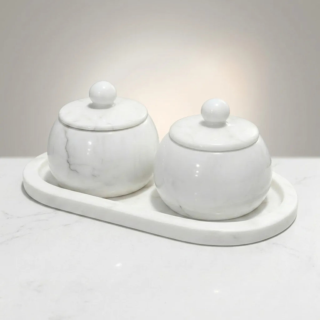 Banswara White Marble Oval Tray With 2 Bowls And Lids | Multipurpose Marble Serving Set | Dry Fruit Container, Mukhwas Box, Candy Jar And Home Decor Accent