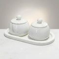 Banswara White Marble Oval Tray With 2 Bowls And Lids | Multipurpose Marble Serving Set | Dry Fruit Container, Mukhwas Box, Candy Jar And Home Decor Accent
