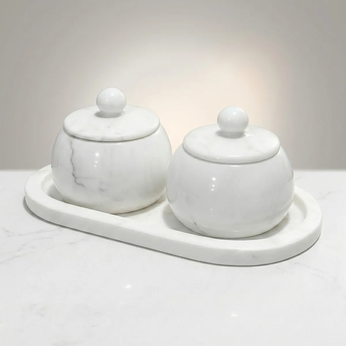 Banswara White Marble Oval Tray With 2 Bowls And Lids | Multipurpose Marble Serving Set | Dry Fruit Container, Mukhwas Box, Candy Jar And Home Decor Accent