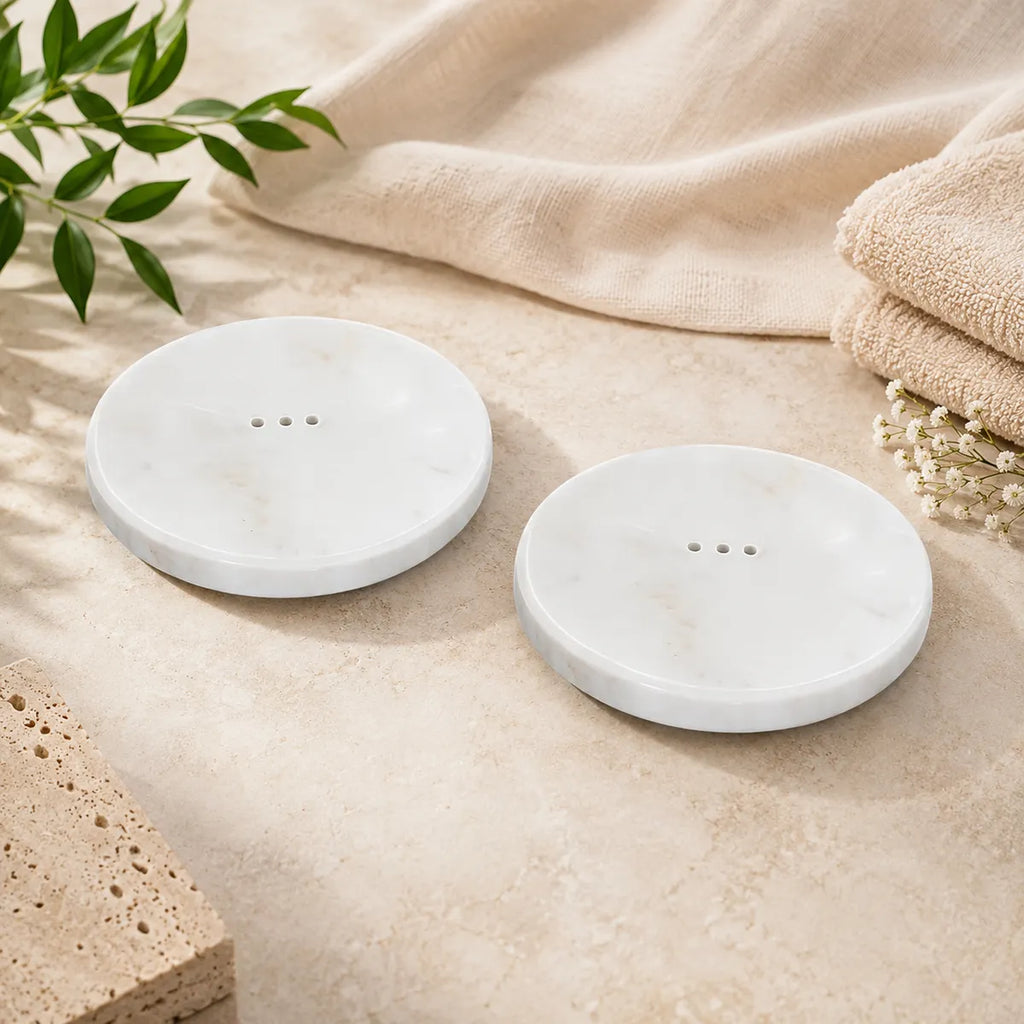 Set Of 2 Banswara Marble Soap Holders | Premium White Marble Soap Tray | Bathroom Organizer, Vanity Accessory, Luxury Home Decor And Gift Item