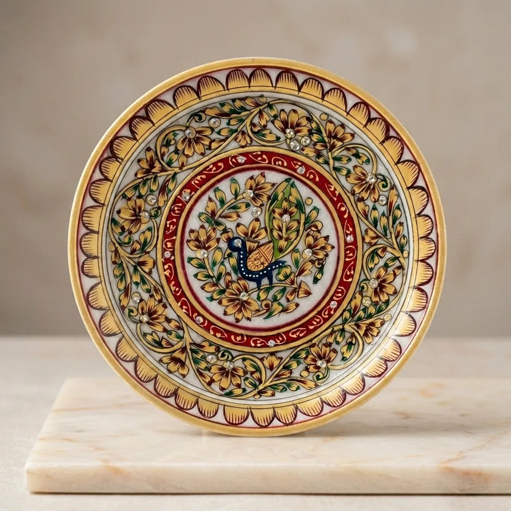 Indian White Marble Hand-Painted Decorative Plate | Traditional Rajasthani Art Wall Decor | Marble Gift Item, Decorative Tray And Luxury Home Accent