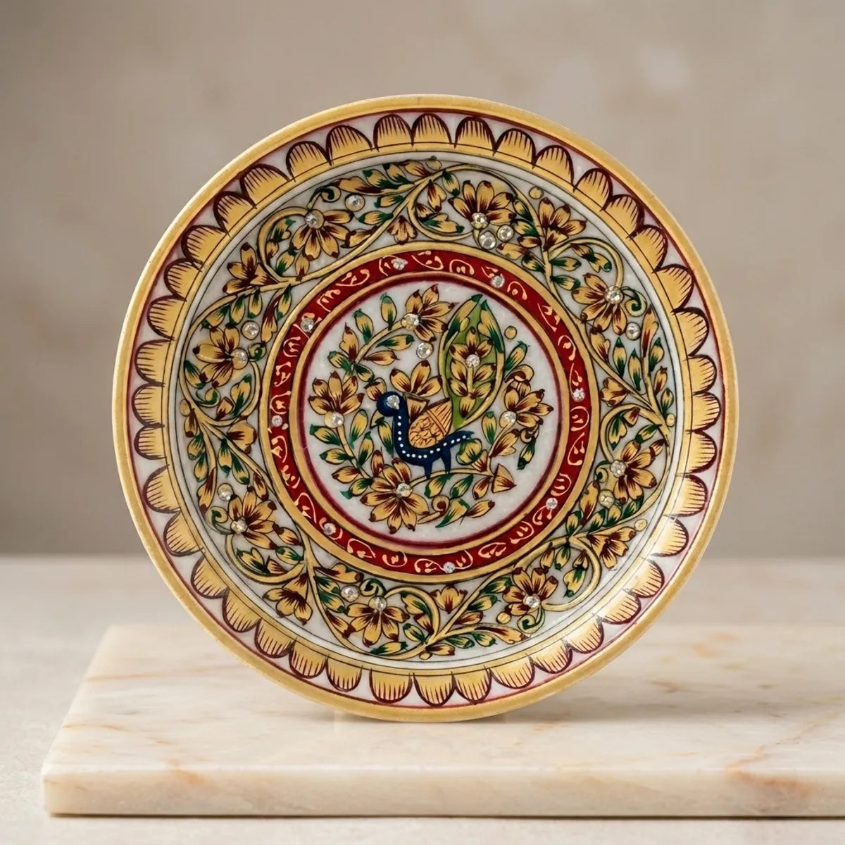 Indian White Marble Hand-Painted Decorative Plate | Traditional Rajasthani Art Wall Decor | Marble Gift Item, Decorative Tray And Luxury Home Accent