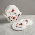 Italian White Marble Coaster Set With Stand | Handmade Inlay Work Coasters | Premium Alabaster Stone Tea Coffee Cup Coasters | Luxury Home Decor And Table Accessories