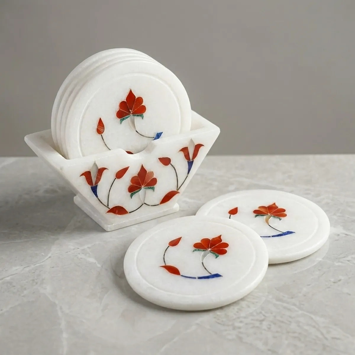 Italian White Marble Coaster Set With Stand | Handmade Inlay Work Coasters | Premium Alabaster Stone Tea Coffee Cup Coasters | Luxury Home Decor And Table Accessories