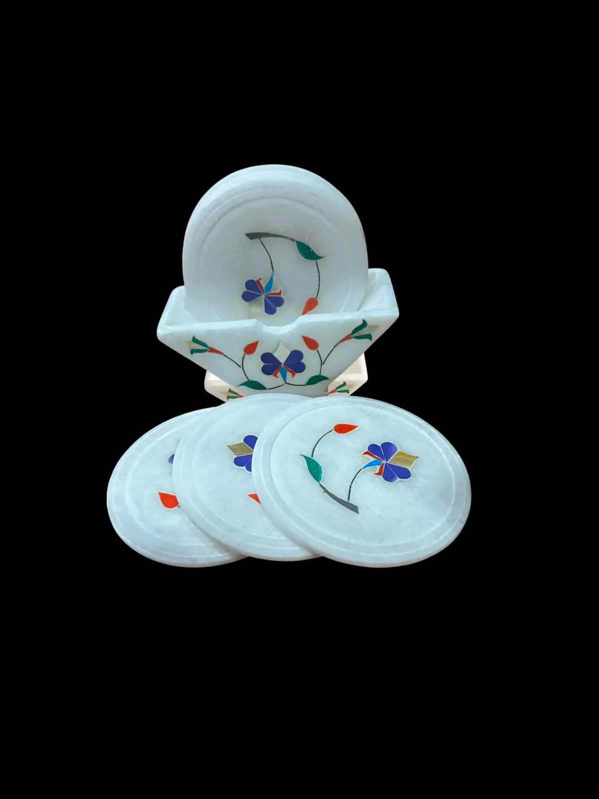 Italian White Marble Coaster Set With Stand | Handmade Inlay Work Coasters | Premium Alabaster Stone Tea Coffee Cup Coasters | Luxury Home Decor And Table Accessories