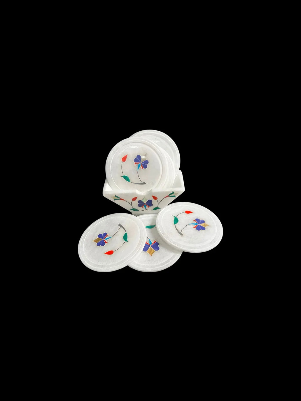 Italian White Marble Coaster Set With Stand | Handmade Inlay Work Coasters | Premium Alabaster Stone Tea Coffee Cup Coasters | Luxury Home Decor And Table Accessories