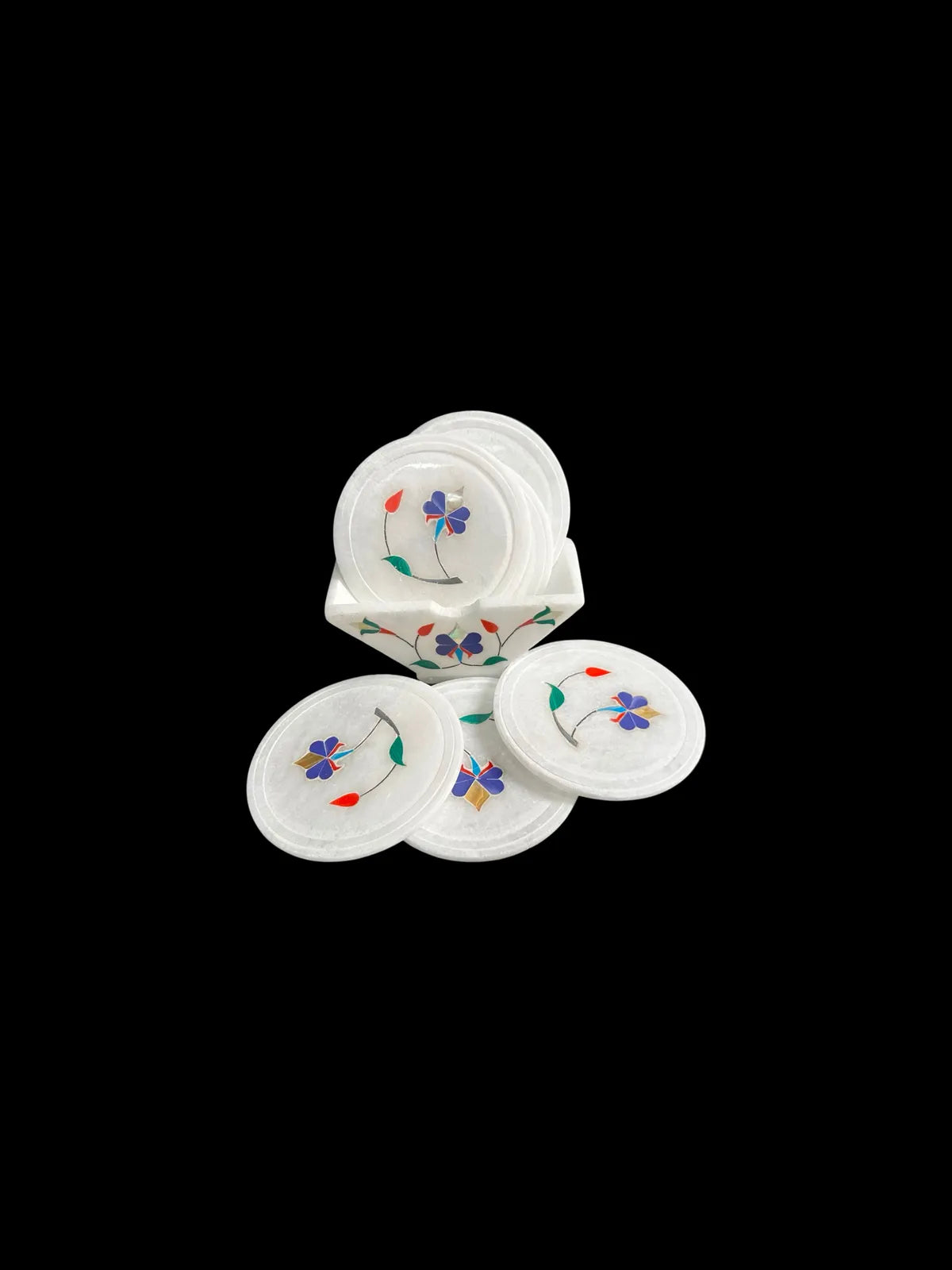 Italian White Marble Coaster Set With Stand | Handmade Inlay Work Coasters | Premium Alabaster Stone Tea Coffee Cup Coasters | Luxury Home Decor And Table Accessories