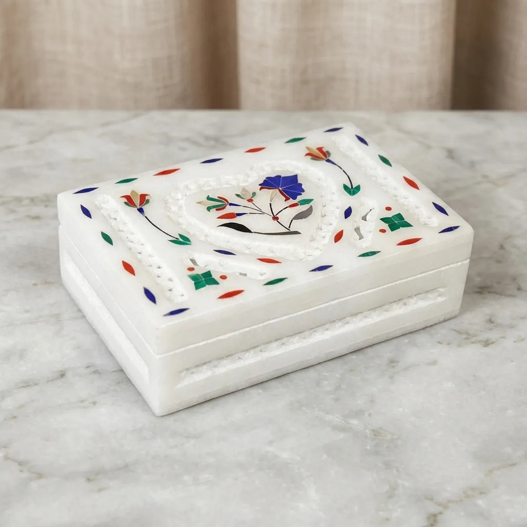 Italian White Marble Jewellery Box With Lid | Handmade Alabaster Marble Inlay Storage Box | Luxury Ring, Earrings And Trinket Organizer | Home Decor Gift Box