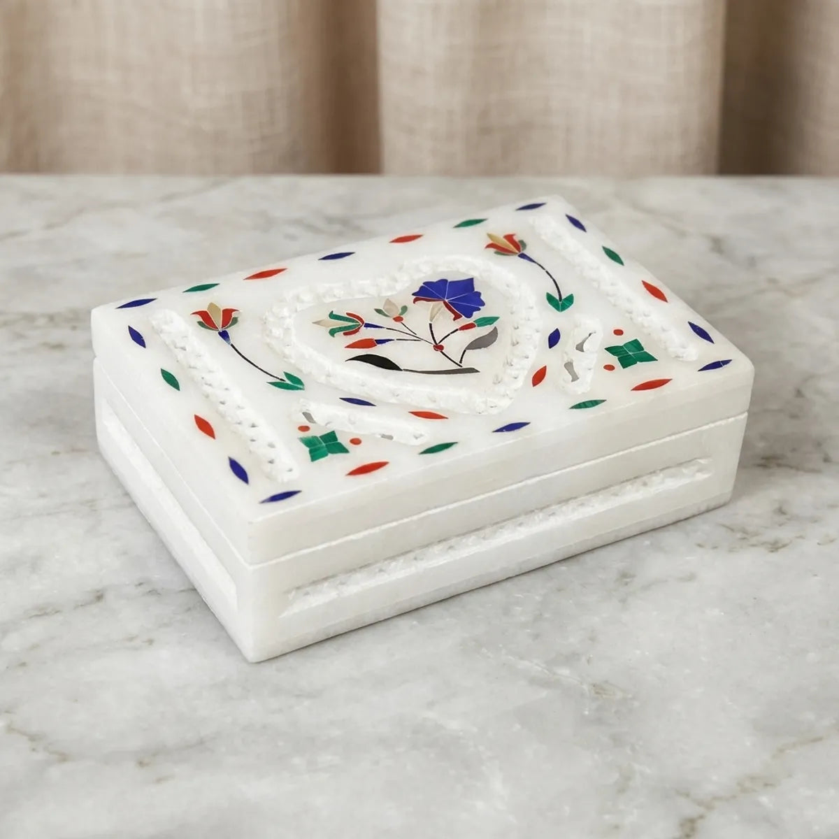 Italian White Marble Jewellery Box With Lid | Handmade Alabaster Marble Inlay Storage Box | Luxury Ring, Earrings And Trinket Organizer | Home Decor Gift Box