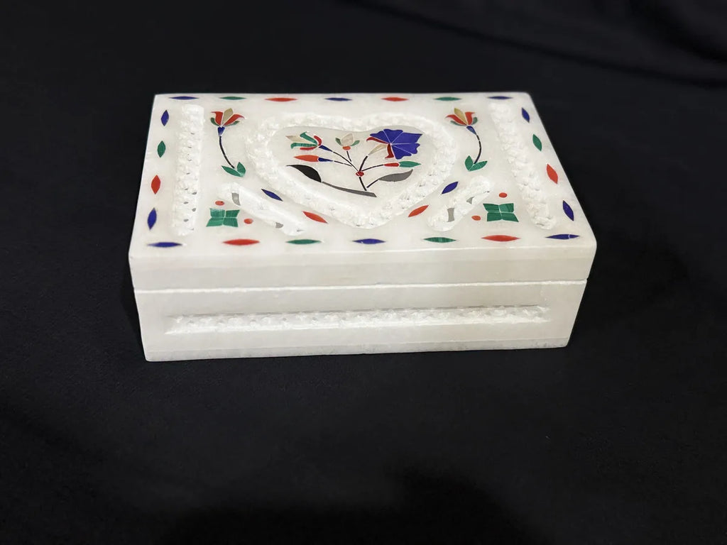 Italian White Marble Jewellery Box With Lid | Handmade Alabaster Marble Inlay Storage Box | Luxury Ring, Earrings And Trinket Organizer | Home Decor Gift Box