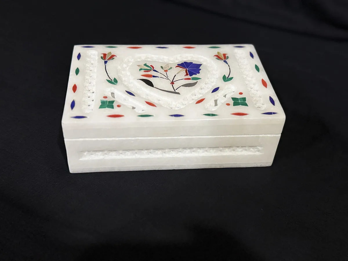 Italian White Marble Jewellery Box With Lid | Handmade Alabaster Marble Inlay Storage Box | Luxury Ring, Earrings And Trinket Organizer | Home Decor Gift Box