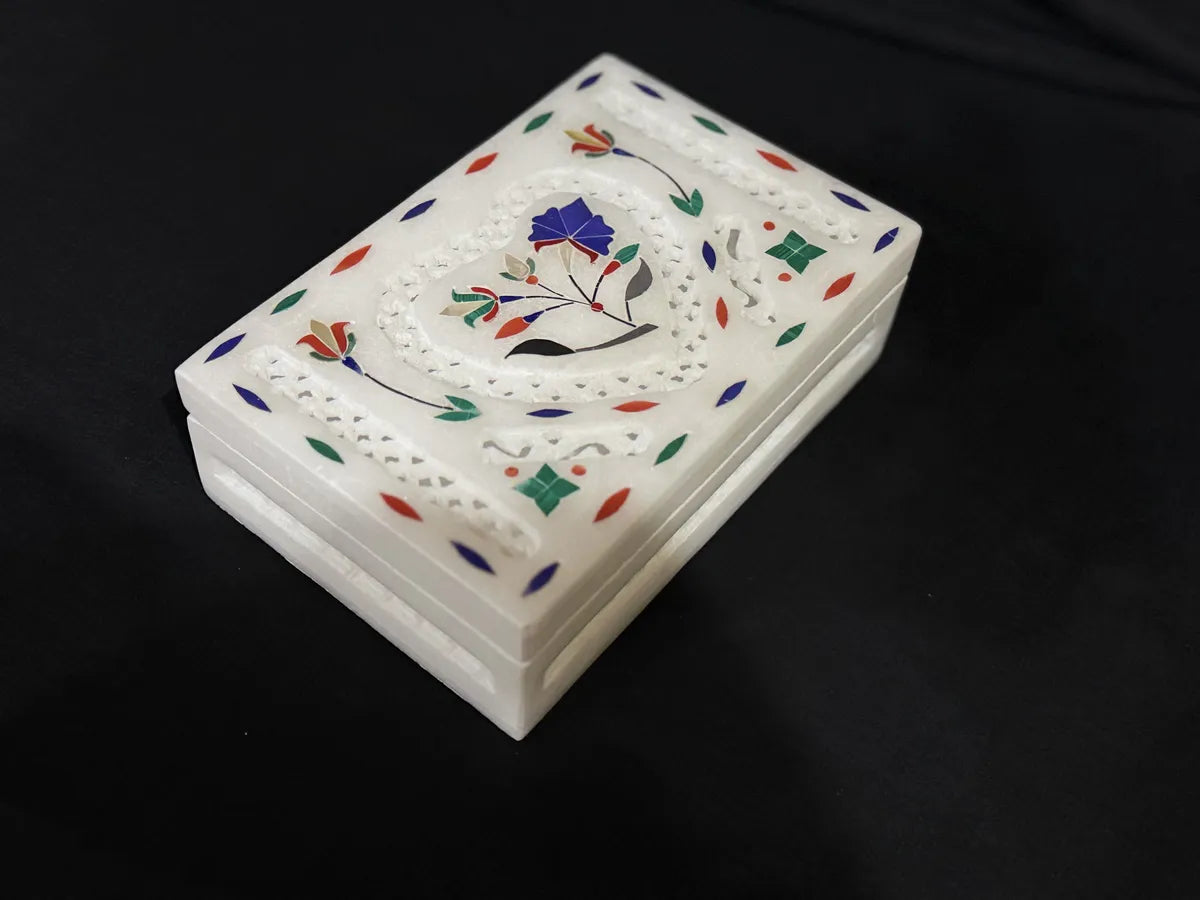 Italian White Marble Jewellery Box With Lid | Handmade Alabaster Marble Inlay Storage Box | Luxury Ring, Earrings And Trinket Organizer | Home Decor Gift Box