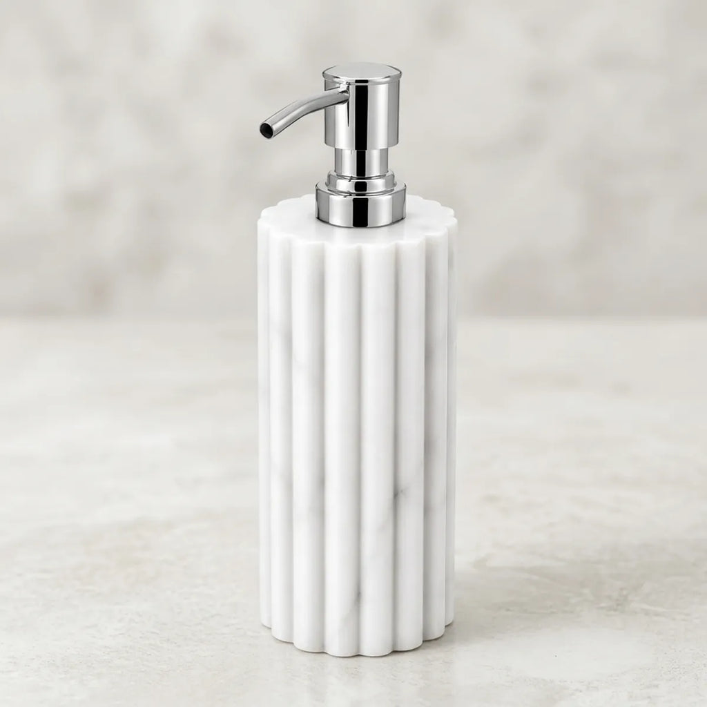 Luxury Banswara Marble Soap Dispenser | Handcrafted Fluted Bathroom Lotion Pump | Premium Indian Exotic Marble Soap And Hand Wash Dispenser For Bathroom Vanity