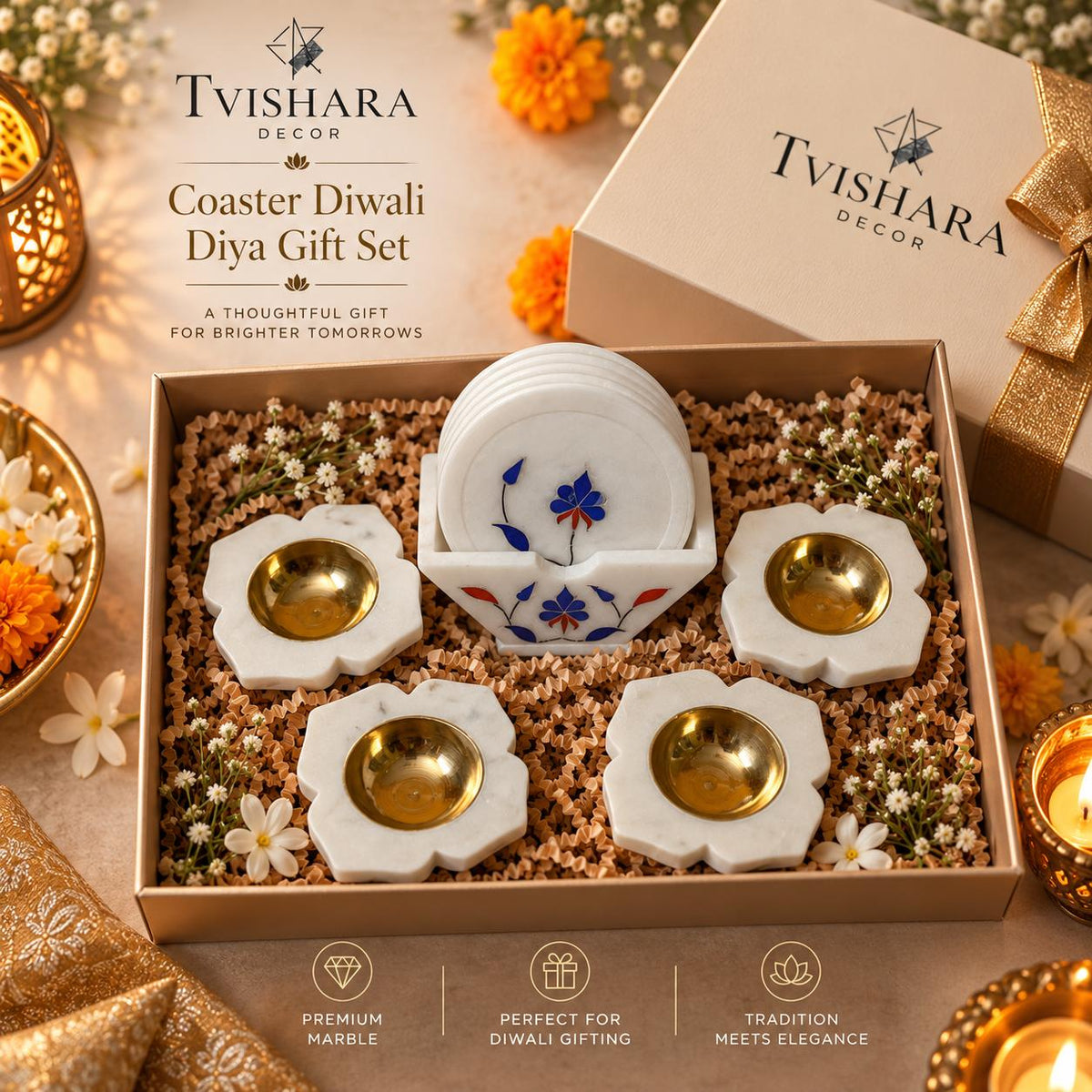 4 Round Marble Diwali Diya & White Inlay Coaster Gift Set | Festive Home Decor